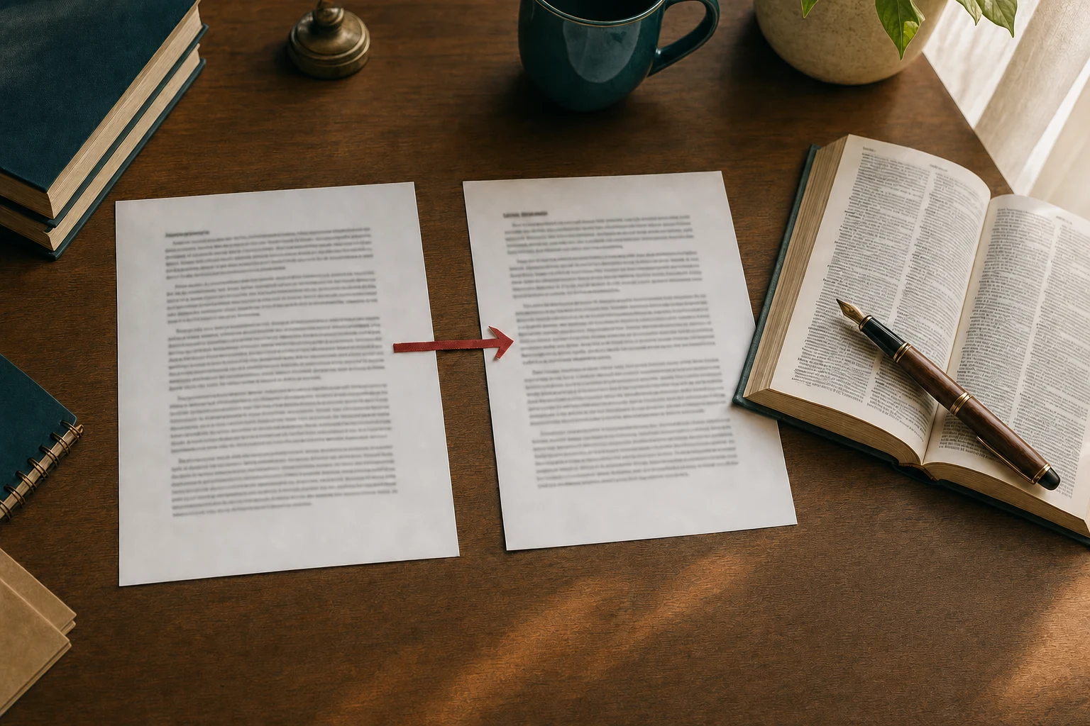 Two documents on a desk connected by an arrow, alongside an open dictionary, fountain pen and reading glasses, representing document translation.