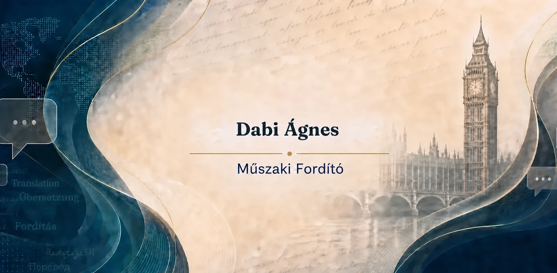 Agnes Dabi, műszaki fordító – banner Big Ben és a Parlament épületével, többnyelvű fordítási szöveggel.