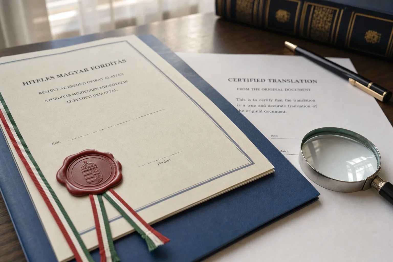 English to Hungarian translation of a certified Hungarian document, shown with an official wax seal ribbon on a desk.