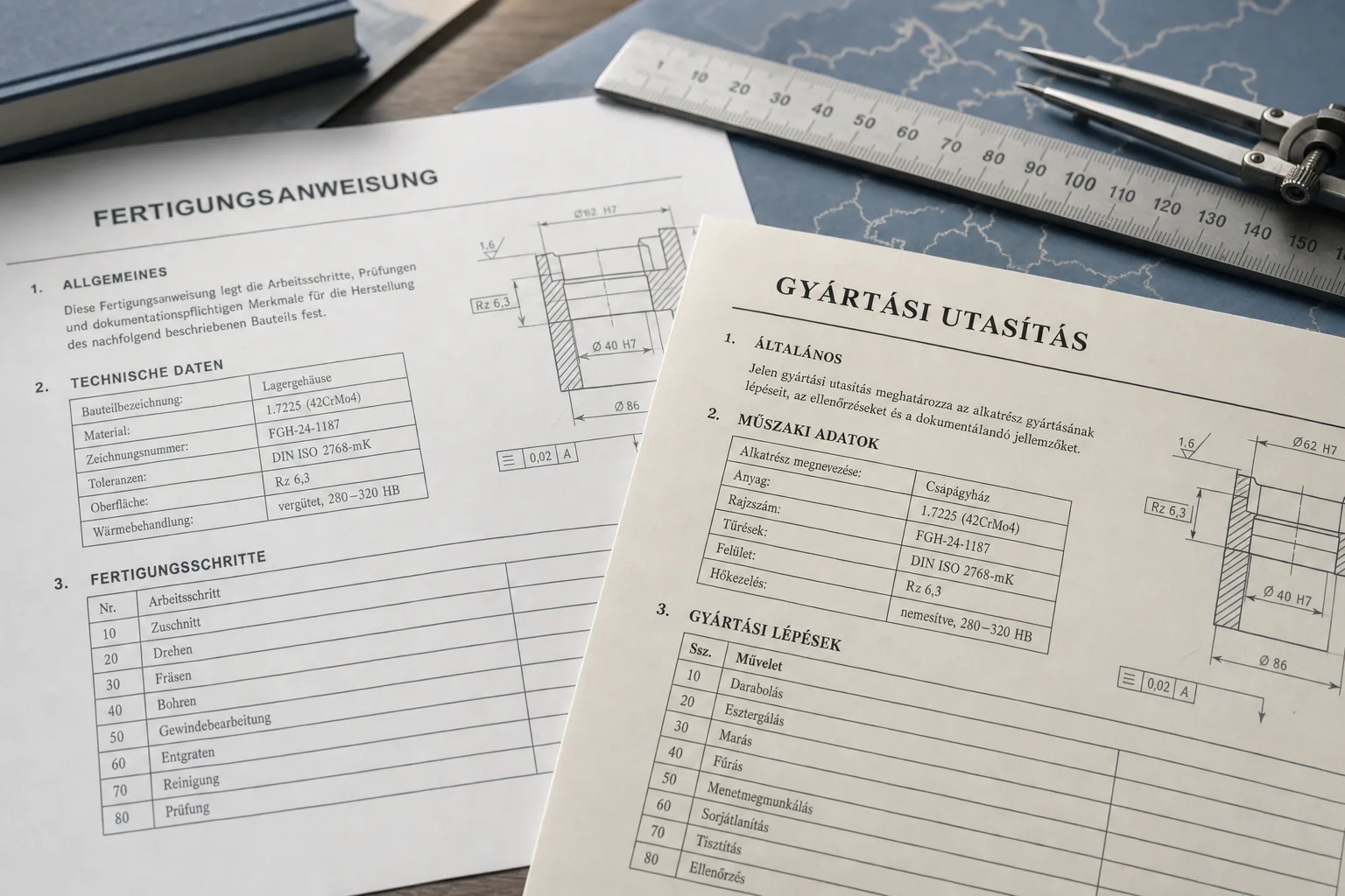 German to Hungarian technical translation of overlapping manufacturing instruction sheets on a desk with drafting tools.