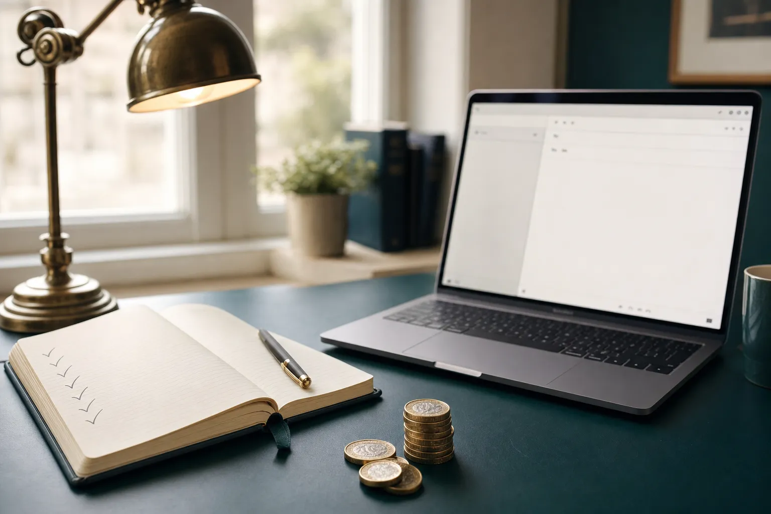 A tidy desk with a notepad, a brass lamp, a small stack of coins and a laptop, representing requesting a price quote.
