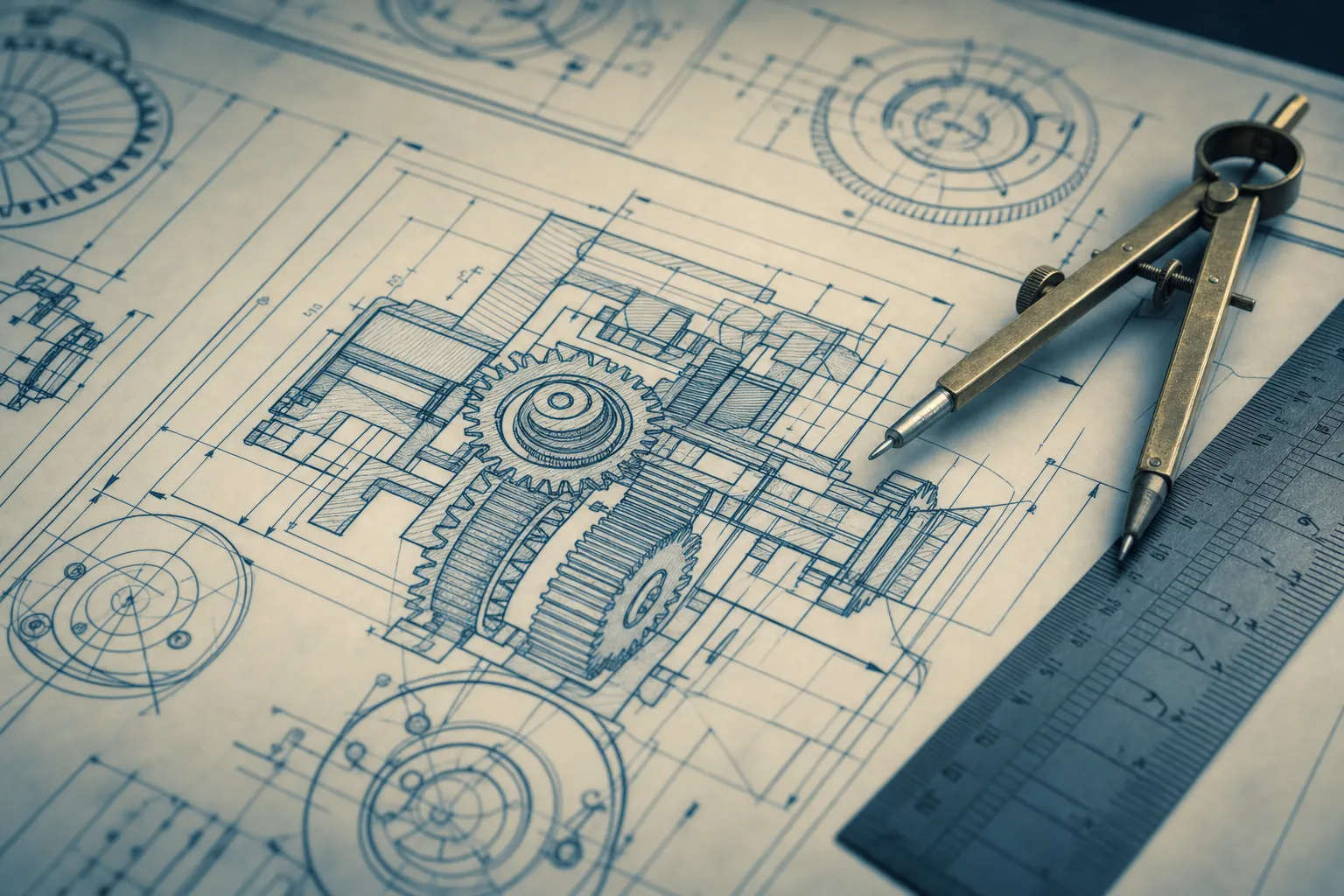 Close-up of a mechanical engineering blueprint with dimension lines, alongside a drafting compass and ruler.