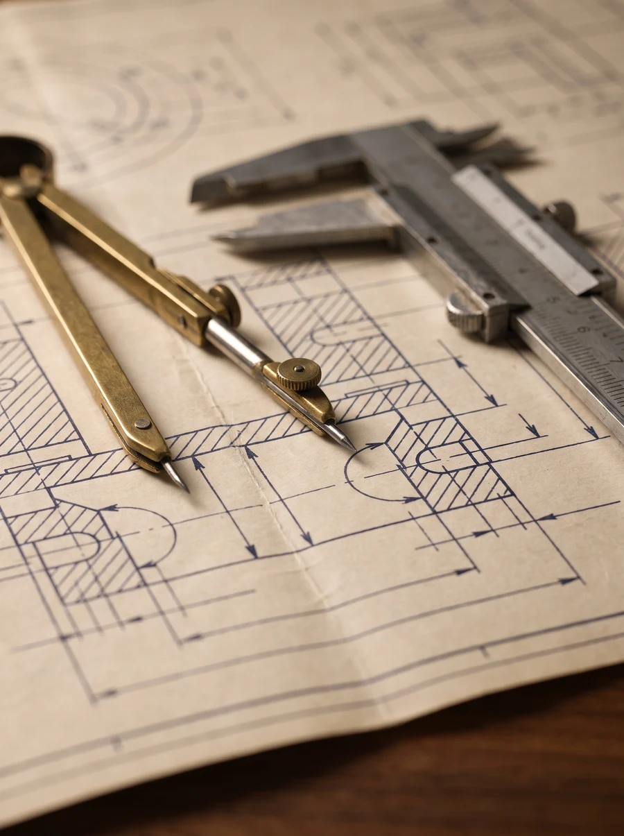 Precision engineering instruments and technical blueprints, representing mechanical engineering expertise applied to translation.